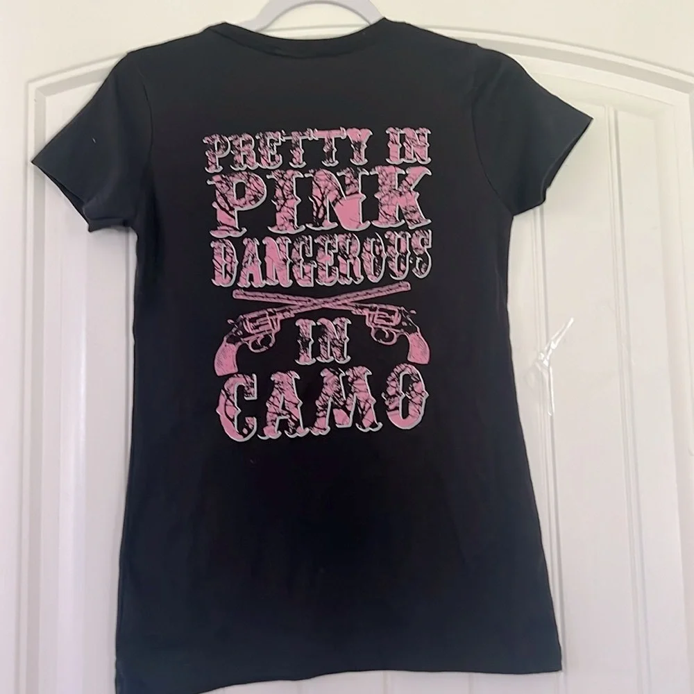 Pretty in Pink Dangerous in Camo T Shirt Small